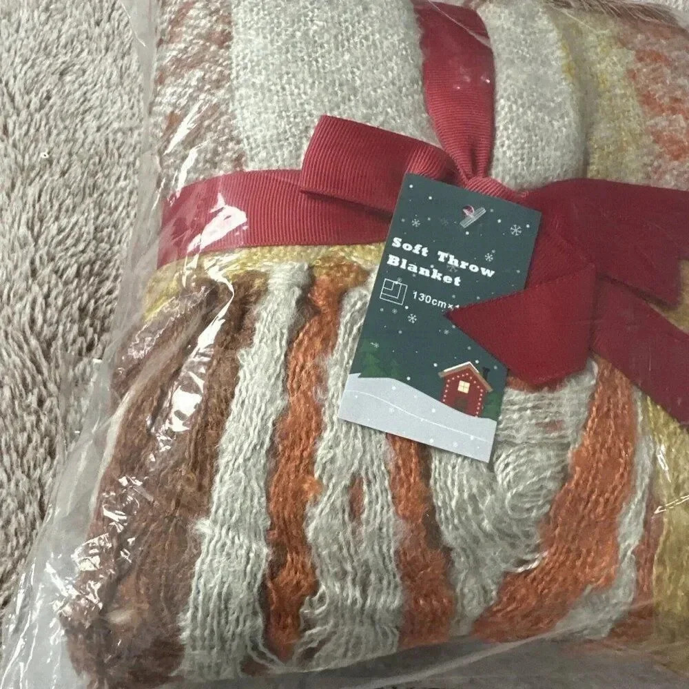 Orange Plaid Blanket Throw Acrylic Soft Reversible Dyed Fringed Bed Blanket f... - Picture 9 of 14